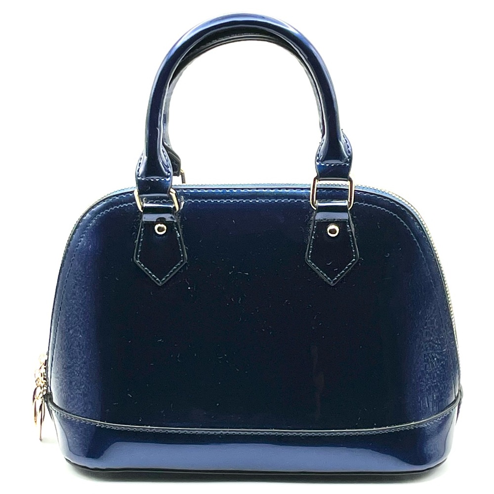 Navy Blue Patent Leather Dome Satchel Handbag